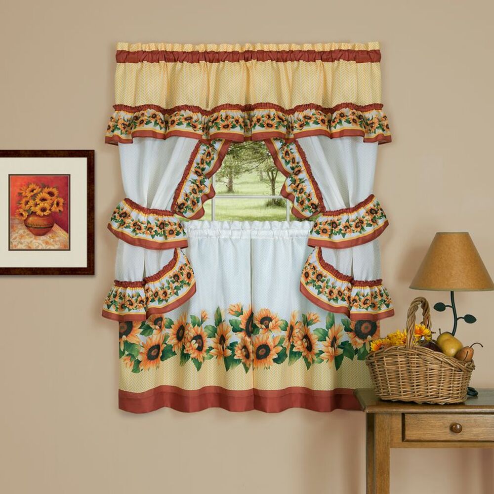 Black Eyed Susan Curtains and Topper Cottage Swag Set, Spice and Yellow (-36"
